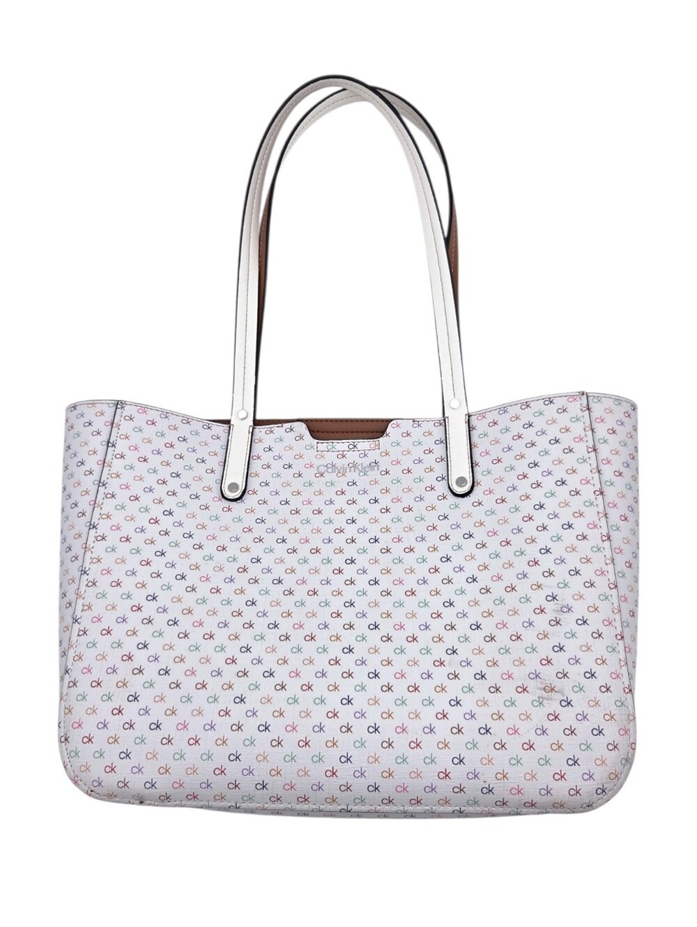 Calvin Klein White Multicolored Rainbow Logo Saffiano Textured Totebag